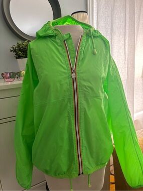 K-Way Neon Green Hooded Bomber style windbreaker Jacket